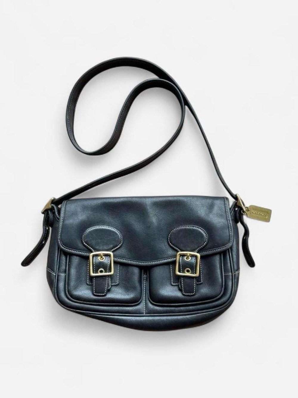 Coach Black Leather Crossbody with Buckle-Front Pockets